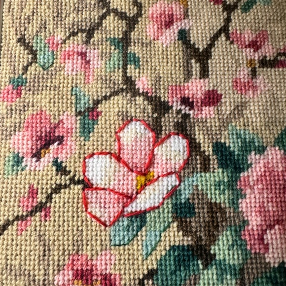 Vintage Needlepoint  Cherry Blossom Framed Picture 19”x21” Fruits Flowers 60s - Picture 11 of 14